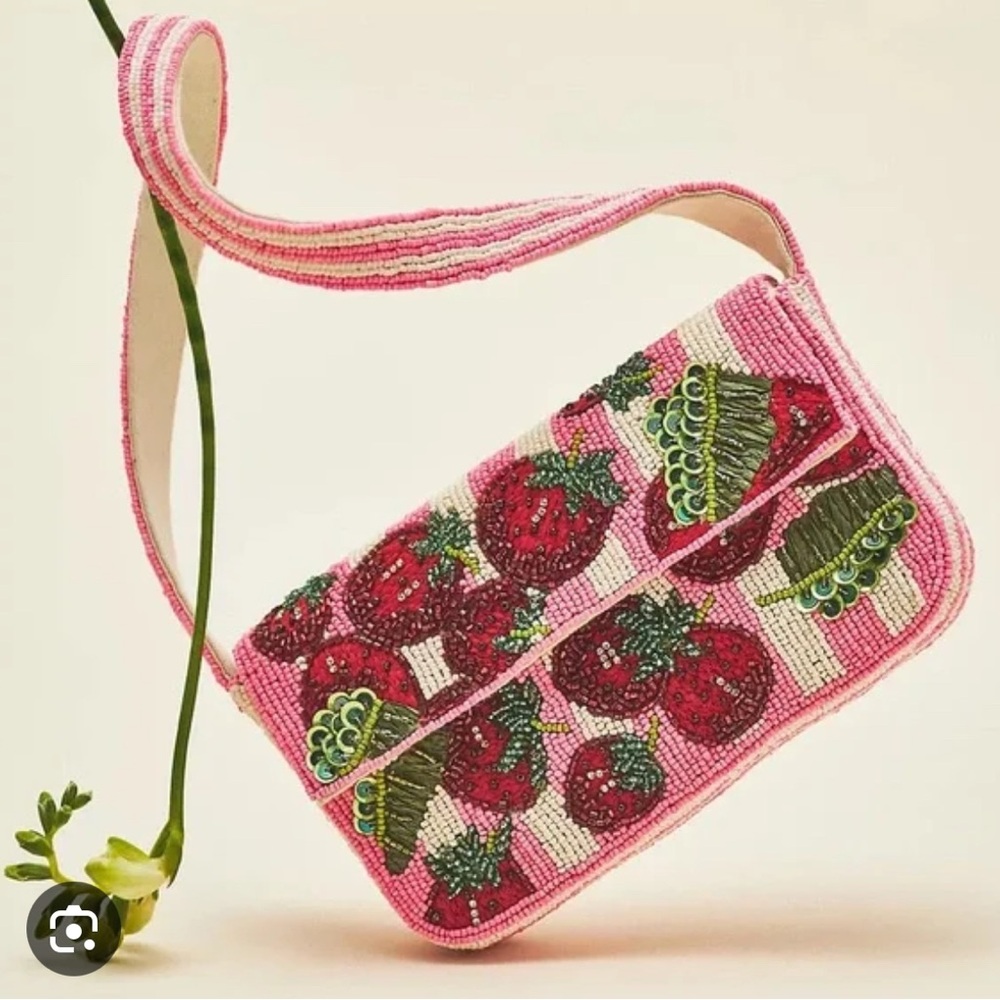 Anthropologie Fiona Pink Strawberry Embellished Shoulder Bag
